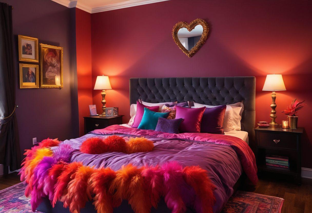 A sultry and playful bedroom scene featuring a plush, heart-shaped bed adorned with colorful satin sheets and playful props like feather boas, dice, and candles. The ambiance is intimate and seductive, with soft, dim lighting casting cozy shadows. In the background, a whimsical assortment of playful accessories hints at various fun activities, enticing a sense of adventure and spice. The overall vibe is romantic and fun, celebrating intimacy creatively. super-realistic. vibrant colors. intimate setting.