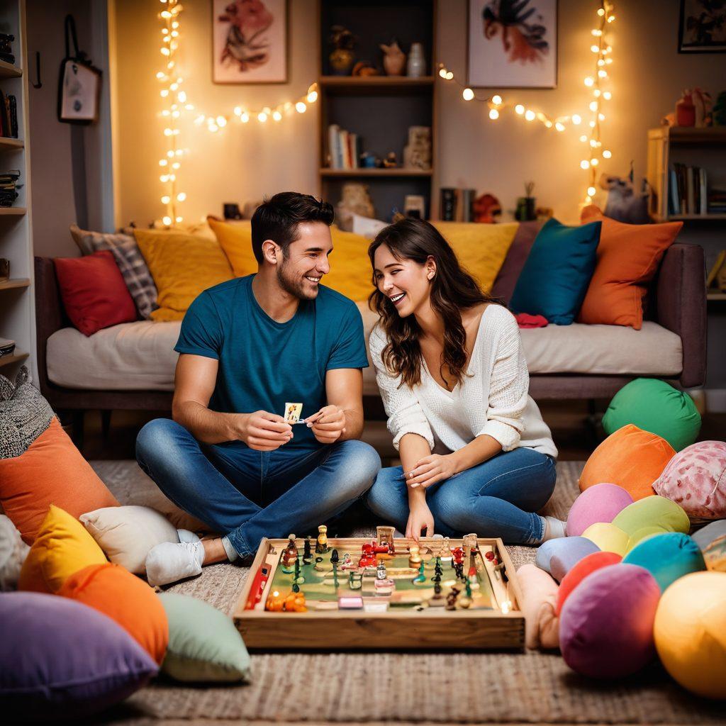 A joyful couple engaged in playful activities, surrounded by colorful toys and games. They are laughing together in a cozy living room filled with soft pillows and fairy lights. The atmosphere is warm and inviting, showcasing a mix of board games, art supplies, and outdoor play items. Their expressions capture pure happiness and connection. vibrant colors. cozy atmosphere. super-realistic.
