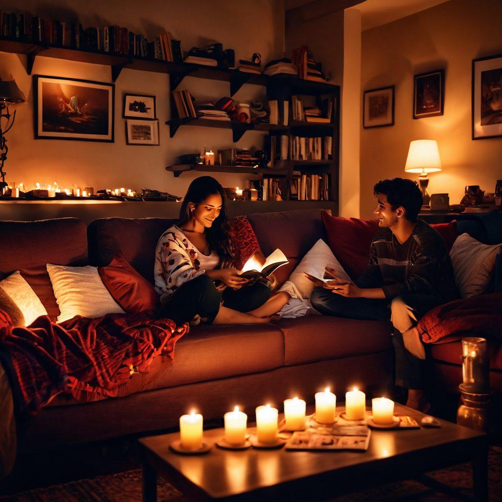 A cozy, dimly-lit room with a plush sofa draped in soft blankets and pillows, surrounded by intimate game setups like cards and board games, softly glowing candles casting playful shadows. In the background, silhouettes of playful couples sharing laughter, with vibrant colors reflecting the warmth and excitement of intimate moments. Soft focus to create a romantic atmosphere. warm tones. super-realistic.